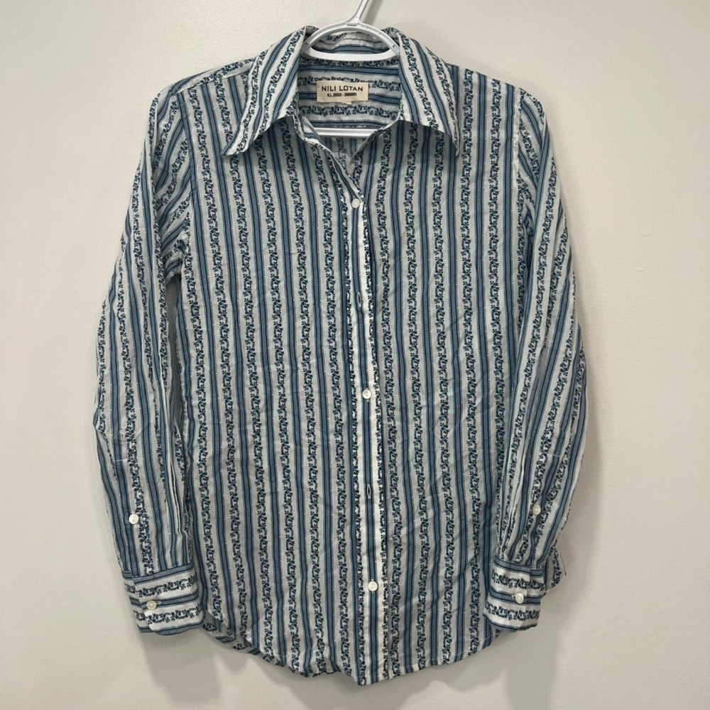 Nili Lotan Womens Blouse XS 100% Cotton‎ White Blue Stripe Floral Long Sleeve